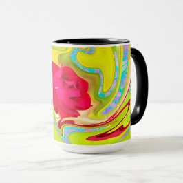 Caneca Rosa vermelha abstrato em espiral amarela e aqua