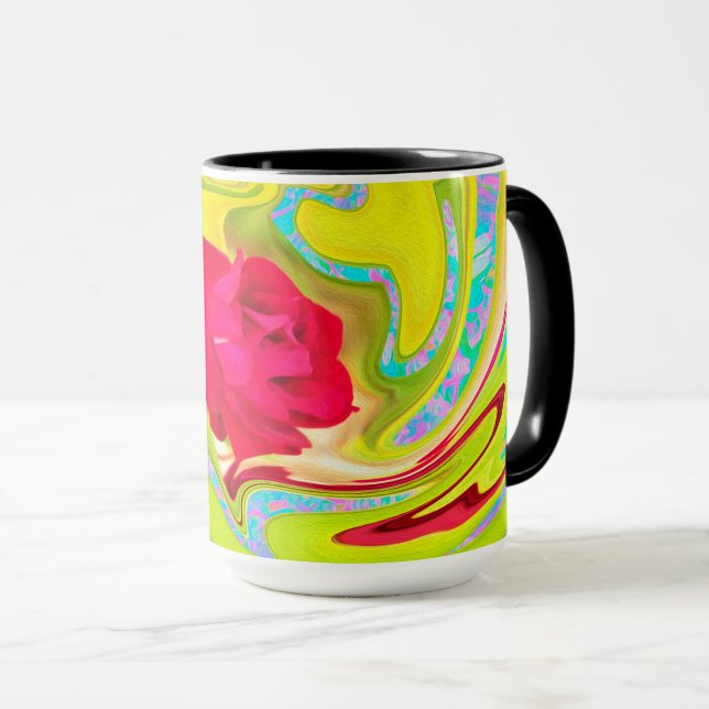 Caneca Rosa vermelha abstrato em espiral amarela e aqua (Frente Esquerda)