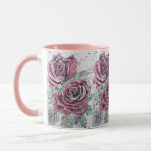Caneca Rosa vermelha de aquarela e rosas de tinta pintand