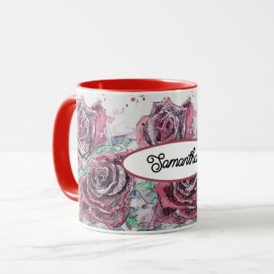 Caneca Rosa vermelha Flores de Aquarela Pintura Floral