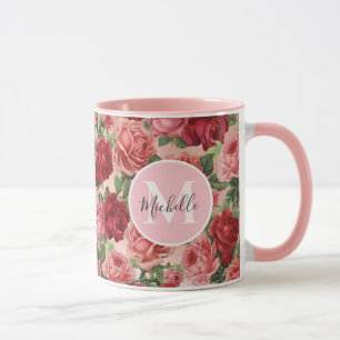 Caneca Rosa vermelha Rosa Vintage Monograma Floral
