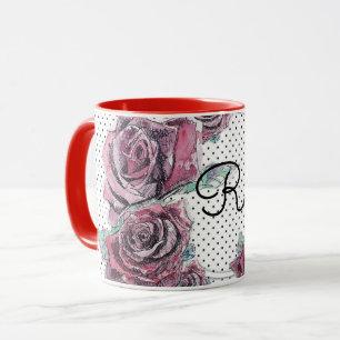 Caneca Rosa vermelha Watercolor dot Womans Initial Mug