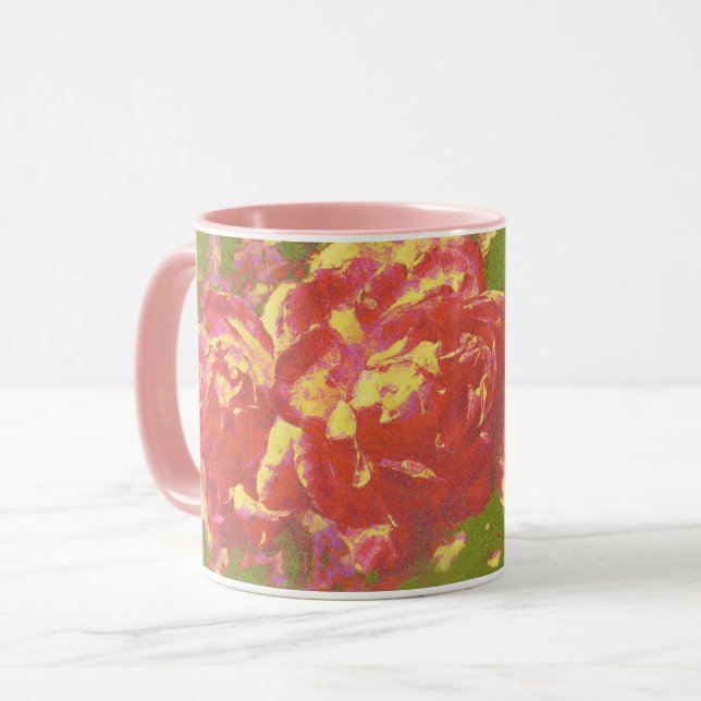 Caneca Rosas bonito, cor-de-rosa, Abstrato amarelo (Frente Esquerda)