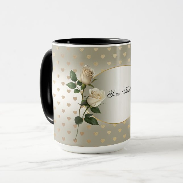 Caneca Rosas Brancas Corações Dourados (Frente Esquerda)
