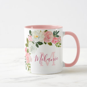 Caneca Rosas brancas e cor-de-rosa com o nome Monograma
