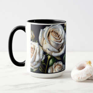 Caneca Rosas brancas lindas com detalhes do ouro