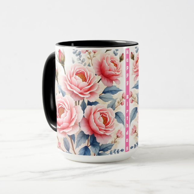Caneca Rosas Cor-de-Rosa Luxuosas Coleção Moderna e Bonit (Frente Esquerda)