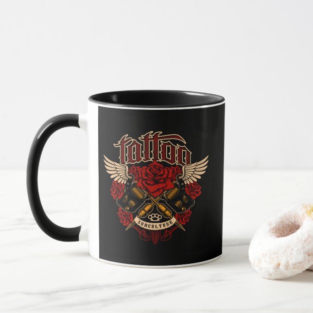 Caneca Rosas da antiga tatuagem na escola, subcultura, Kn (Com Donut)