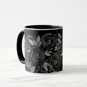 Caneca rosas de aquarela, rosas vermelhas a preto