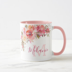 Caneca Rosas de cor rosa e coral Nome Monograma Mug