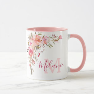 Caneca Rosas de cor rosa e coral Nome Monograma Mug