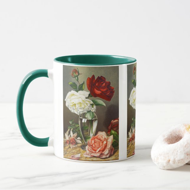 Caneca Rosas de Jardim Antigas em um Vaso de Vidro (Com Donut)