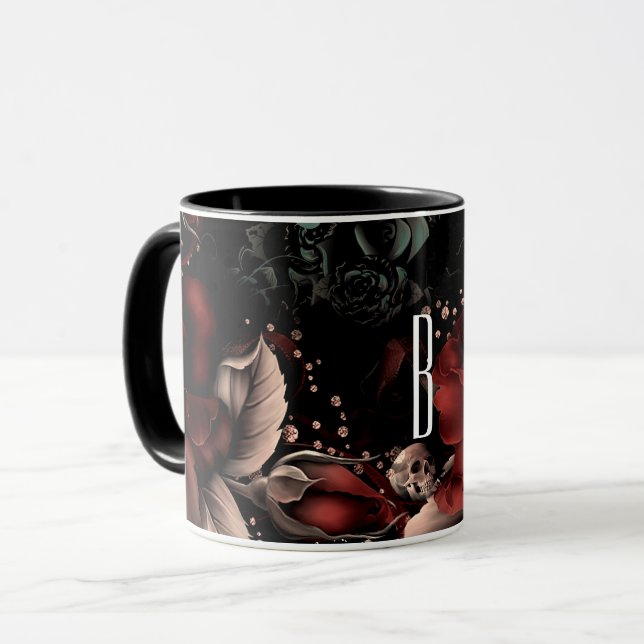 Caneca Rosas e Caveira Pretos Vermelhos Personalizados (Frente Esquerda)