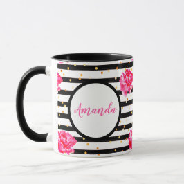 Caneca Rosas e listras femininas personalizadas
