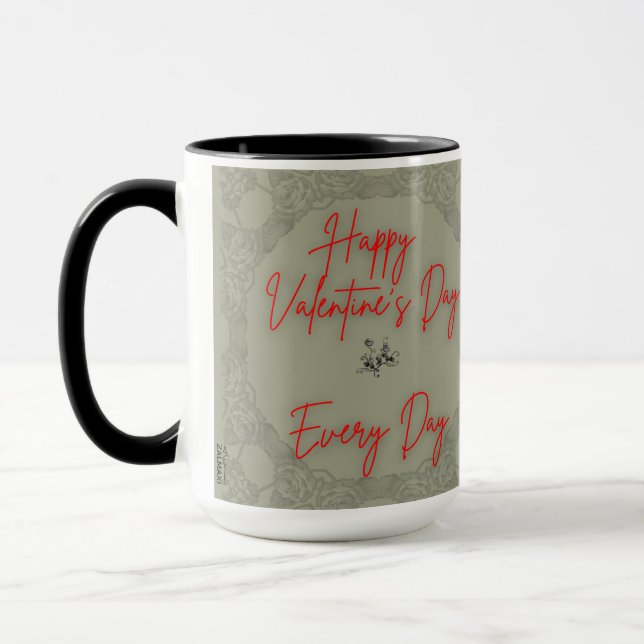 Caneca Rosas Felizes Cinza Texto vermelho (Esquerda)
