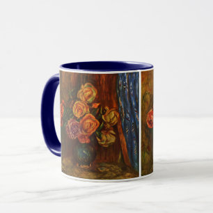 Caneca Rosas Impressionistas de Renoir em Vaso Azul-escur