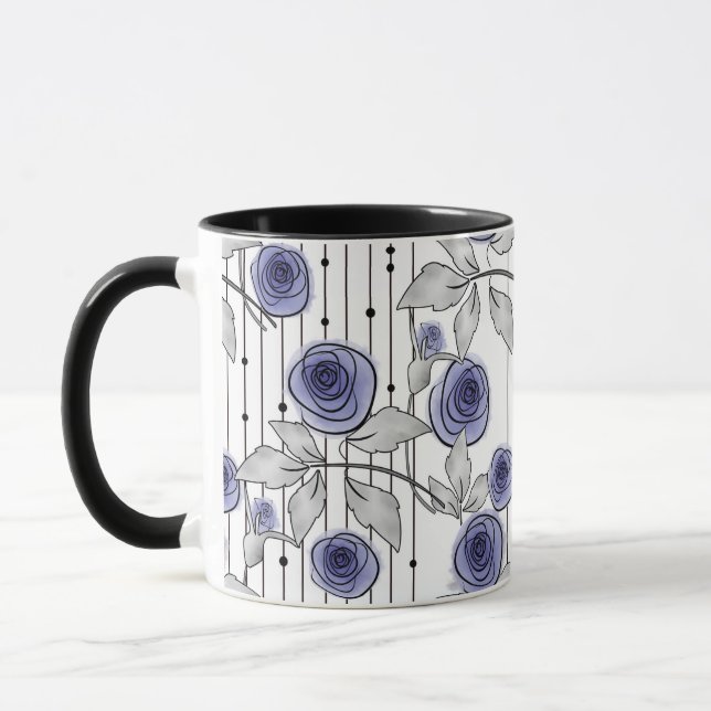 Caneca Rosas modernas abstratas flores violeta cinza bran (Esquerda)