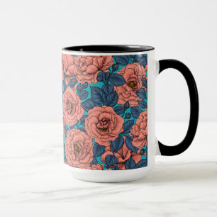 Caneca Rosas rosa com folhas azuis