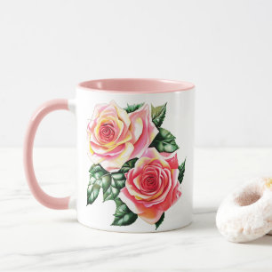 Caneca Rosas Rosa Coral e Folhas Verdes Jade