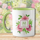Caneca Rosas Rosa Quente de Aquarela Monograma de Limão d<br><div class="desc">Esta linda caneca tem um estilo aquarela encantador, rosas rosa-quente, folhas e botões, um quadro branco quadrado com um quadrado rosa-quente dentro no centro das flores. Personalize com seu nome e inicial ou monograma. Perfeito para presente de aniversário, presente de dia de as mães, presente para sua esposa, avó ou...</div>
