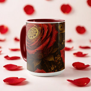 Caneca Rosas Steampunk de Luxo Românticas Engrenagens Dou