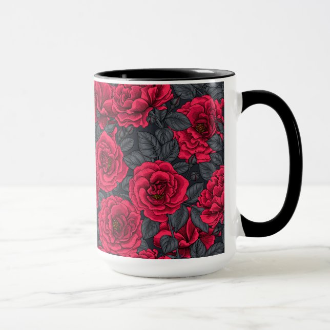 Caneca Rosas vermelhas com folhas de cinza em preto (Direita)