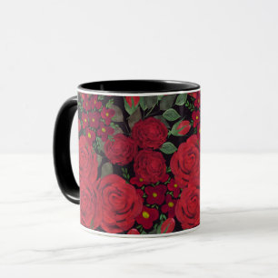 Caneca rosas vermelhas de aquarela a preto,