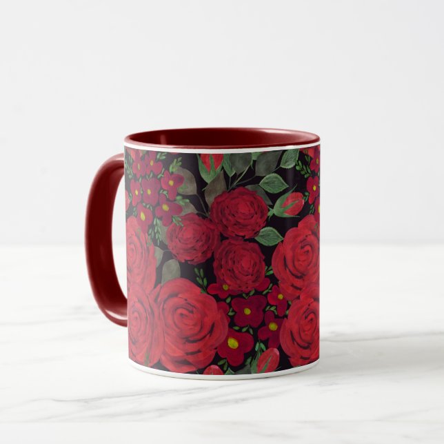 Caneca Rosas vermelhas de aquarelas a preto, (Frente Esquerda)