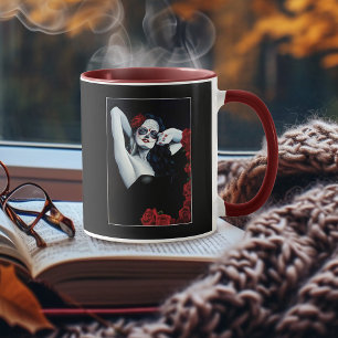 Caneca Rosas vermelhas de crânio de açúcar preto