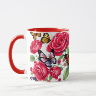 Caneca Rosas vermelhas E Borboletas
