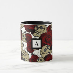 Caneca Rosas Vermelhas e Caveiras Floral Preto Gótico Bra