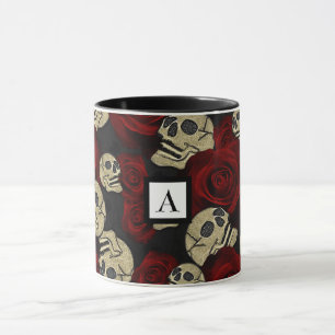 Caneca Rosas vermelhas e crânios Cinza Gótica Floral Pret