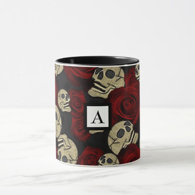 Caneca Rosas vermelhas e crânios Cinza Gótica Floral Pret (Centro)