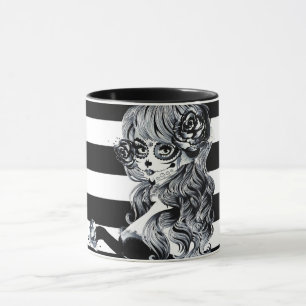 Caneca Rosas vermelhas e crânios Cinza Preto