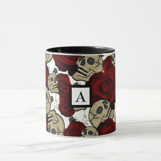 Caneca Rosas vermelhas e crânios Preto Branco Floral Pret (Centro)