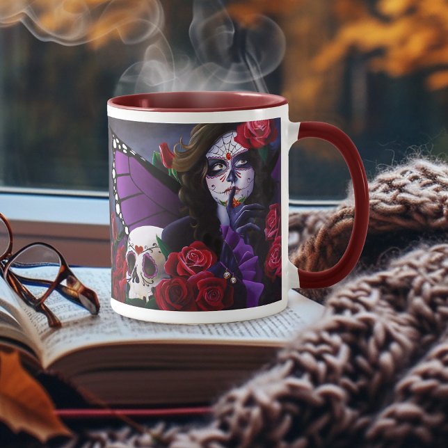 Caneca Rosas Vermelhas Roxas Caveira Dia da Fada Morta (Criador carregado)