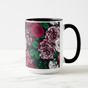Caneca Rosas vermelhos, brancos e bicolores com folhas ve
