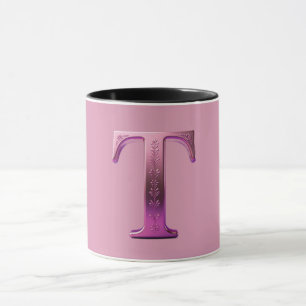 Caneca Rosemaling Metálico Moderno Letra T, Rosa/Roxo