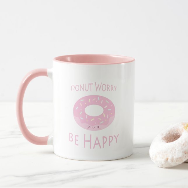 Caneca Rosquinha Preocupada Ser Feliz Comida Rosa-Rosa-Ro (Com Donut)