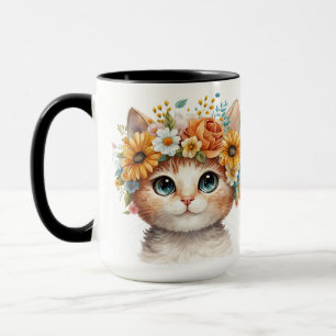 Caneca ROSTO BRANCO DE GATO bonito DE COR DE ÁGUA COM FLO