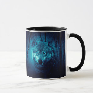 Caneca Rosto de lobo na floresta de fantasia escura