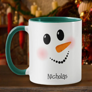 Caneca Rosto Feliz de Boneco de Neve Vermelho Nome Person