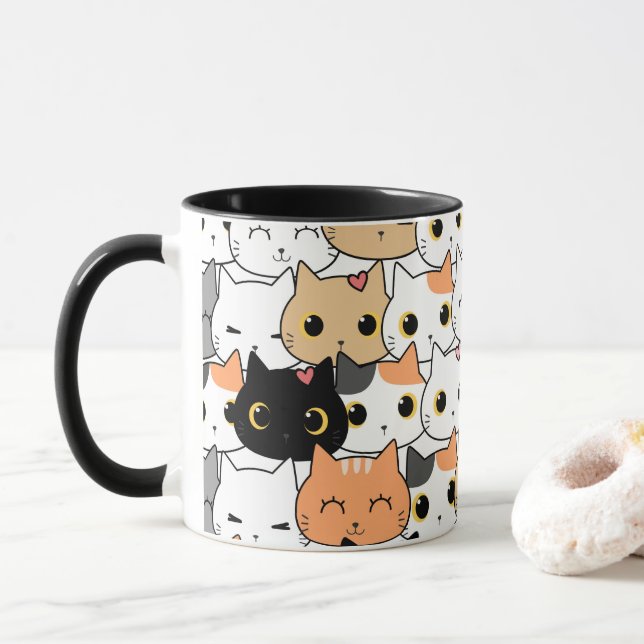 Caneca Rostos de Gato Bonito - Mug de Padrão Kawaii (Com Donut)