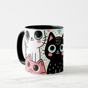 Caneca Rostos de Gatos Kawaii Fofos e Corações Caprichoso