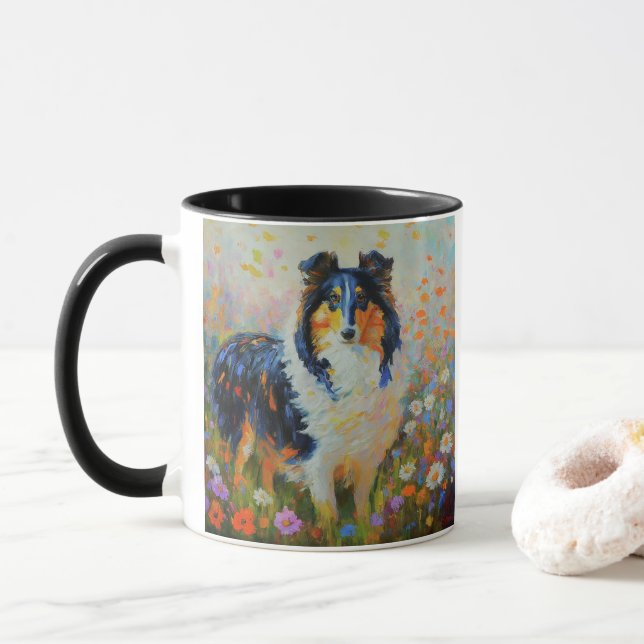 Caneca Rough Collie no campo das flores - impressionista (Com Donut)