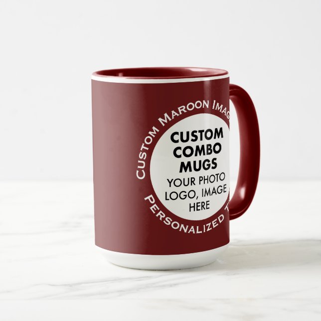 Caneca Round Frame 2 Photo Text Large Maroon Custom Combo (Frente Esquerda)