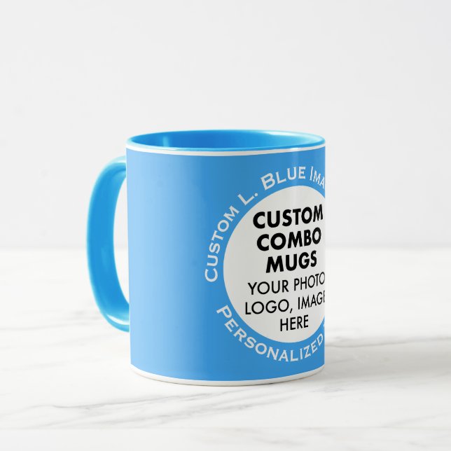 Caneca Round Frame Photo + Text Light Blue Custom Combo (Frente Esquerda)