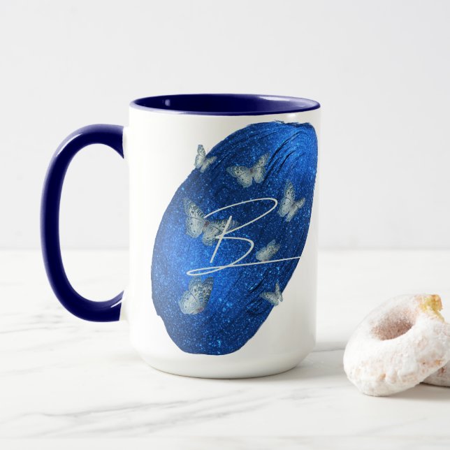 Caneca Royal Blue Butterflies Initials - Letra B Monogram (Com Donut)