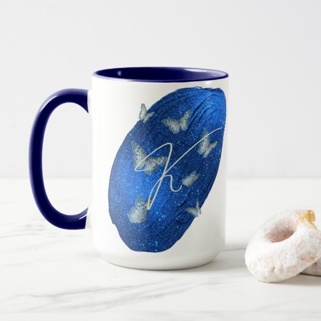 Caneca Royal Blue Butterflies Initials - Letra K Monogram (Com Donut)