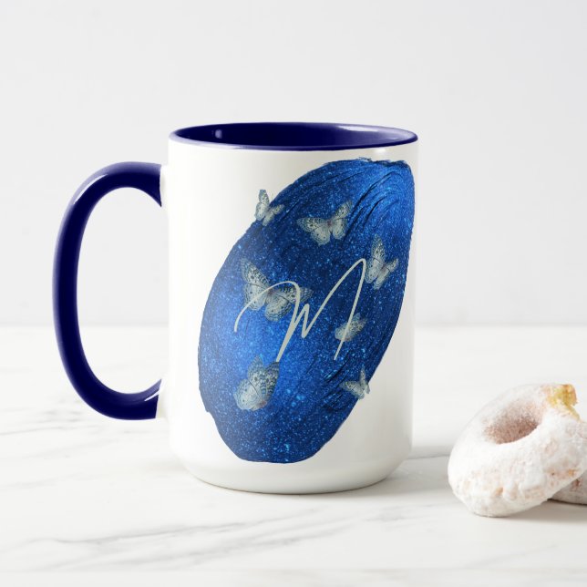 Caneca Royal Blue Butterflies Initials - Letra M Monogram (Com Donut)